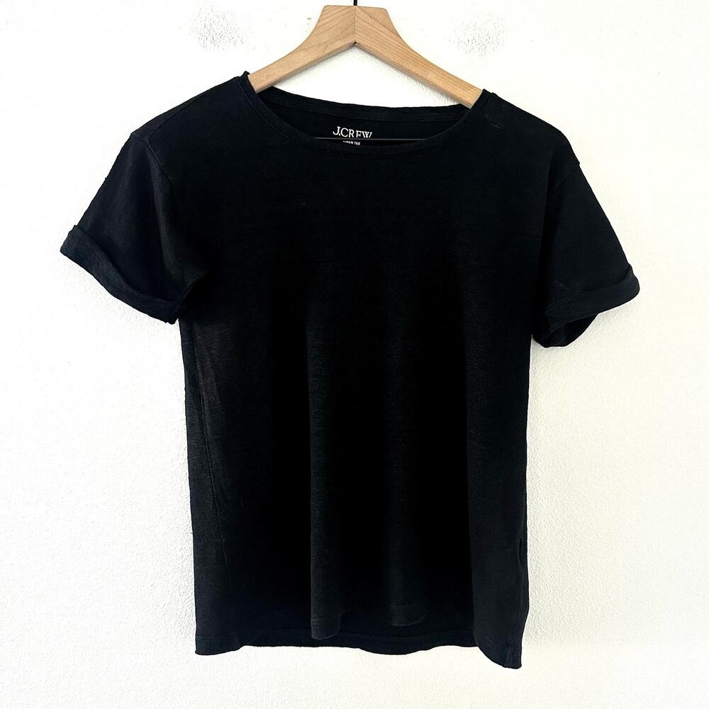 J Crew 100% Linen roll cuff T-shirt Black XXS Coastal Granola Minimalist Classic